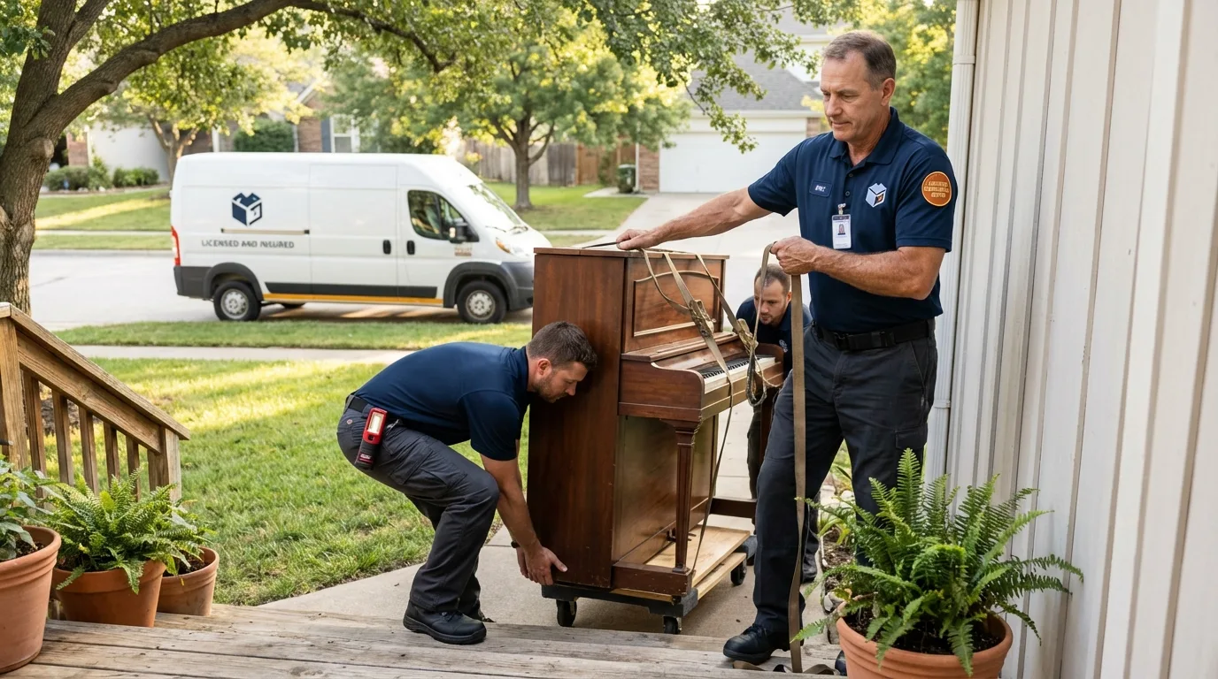 Licensed piano movers securing grand piano in Gregory, TX