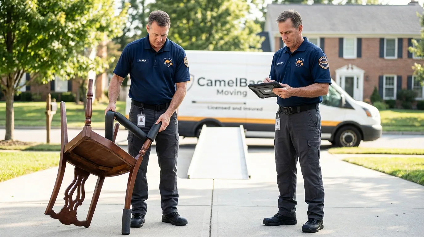 Movers inspecting furniture for damage prevention before loading in Gregory, TX