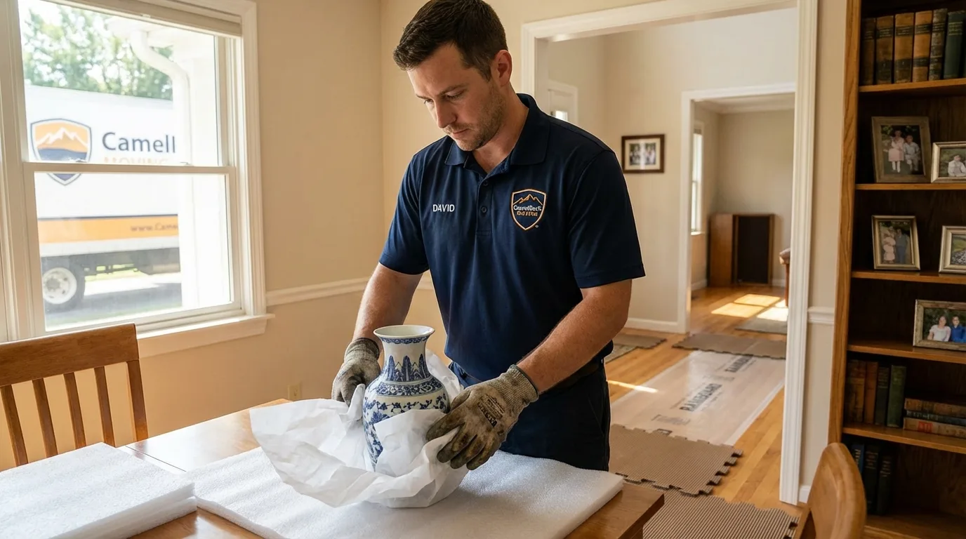 Professional crew carefully wrapping antique vase for senior downsizing move in Gregory, TX